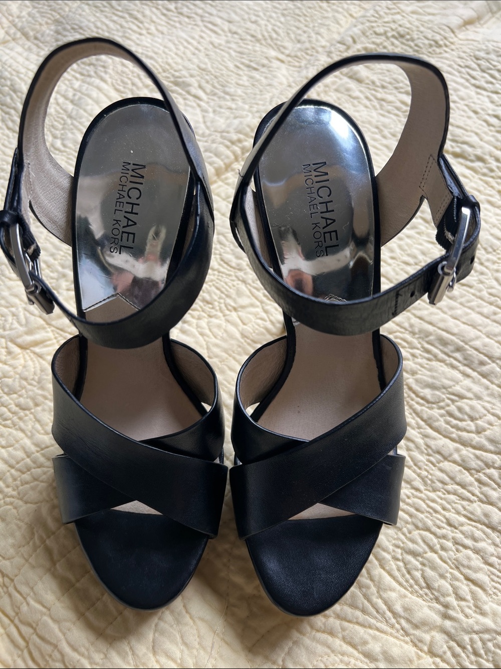MICHAEL Michael Kors Black Leather Crisscross Heeled Sandal